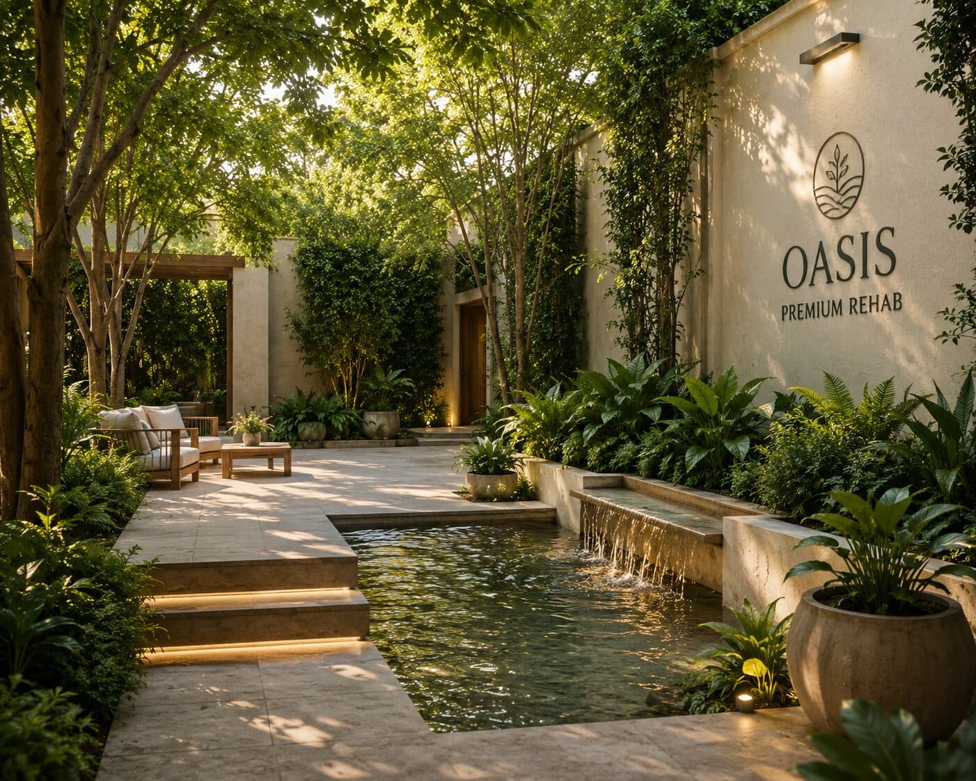 The tranquil garden courtyard at Oasis Premium Rehab, with a water feature and lush planting