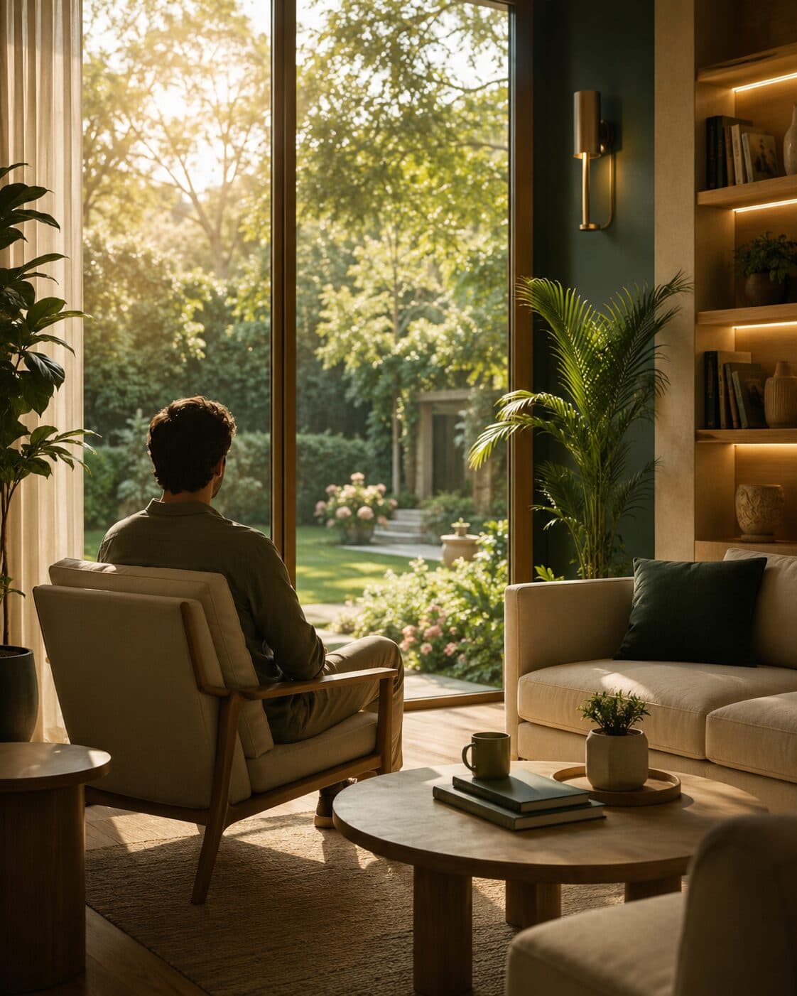 A guest relaxing in a sunlit lounge overlooking the garden at Oasis Premium Rehab