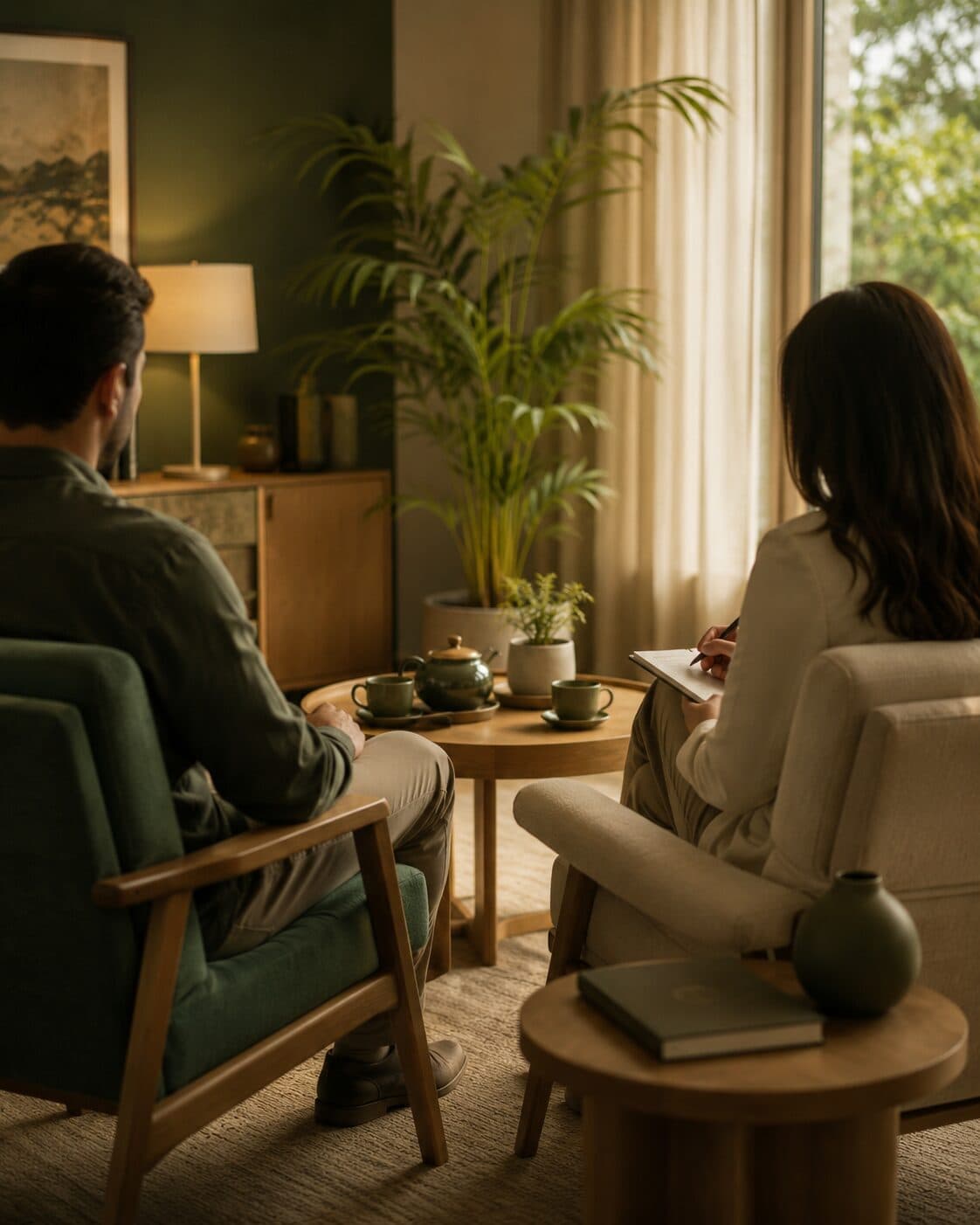 A private, one-to-one counselling session in a calm, warmly lit room